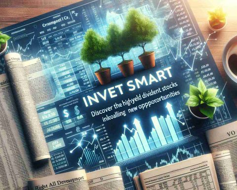 Generate an image of a crystal clear high definition photograph representing the concept of smart investments. The focus of the picture should be on high-yield dividend stocks offering new opportunities. Visualize this with ledgers or financial newspapers detailing these stocks, alongside symbols of growth like saplings or graphs with upward trends. On a prominent part of the picture, include the phrase 'Invest Smart: Discover the High-Yield Dividend Stocks Unveiling New Opportunities'.