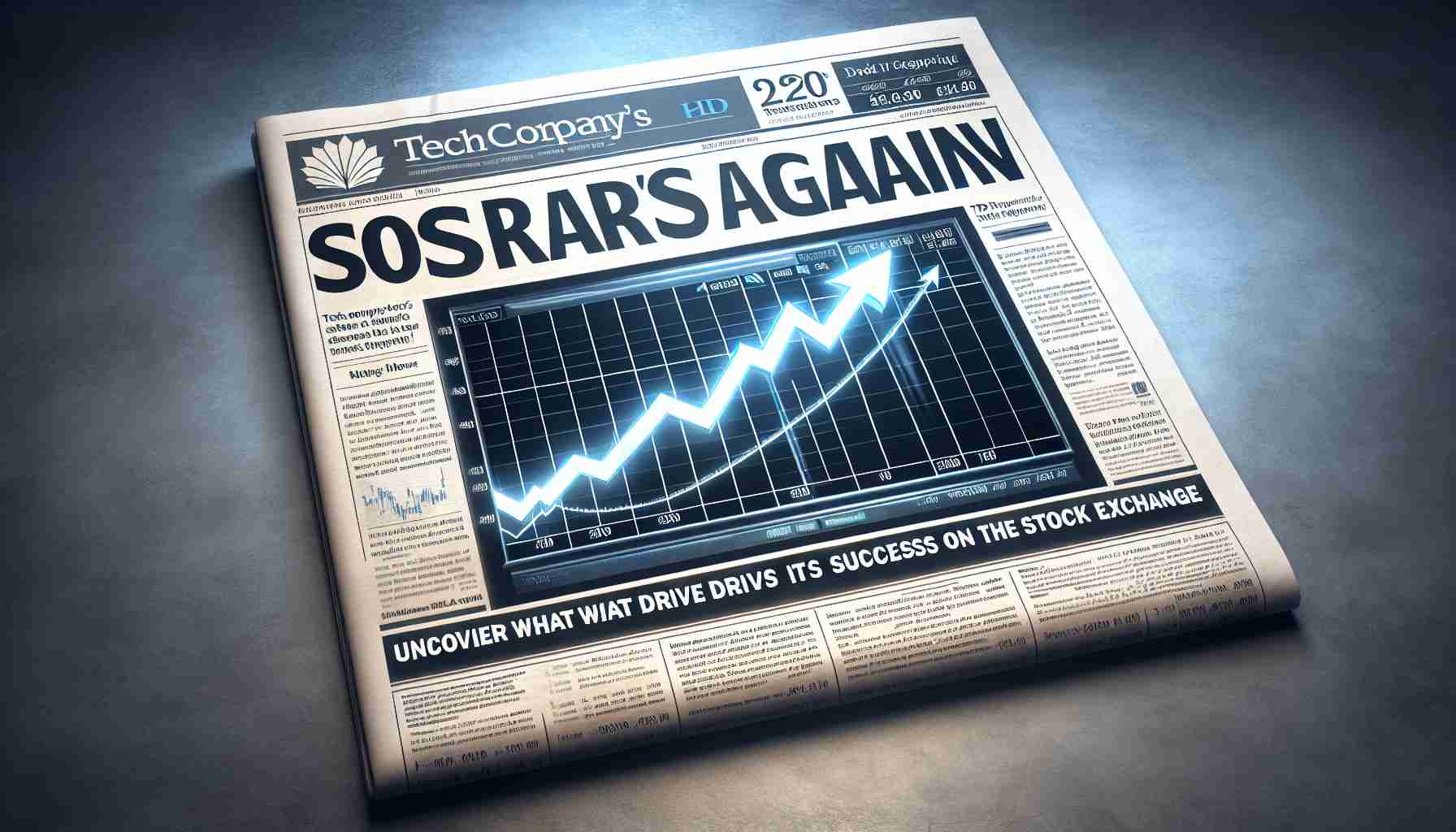 Realistic HD illustration of a newspaper headline showcasing the soaring stock of a hypothetical tech company. The headline reads 'Tech Company's Stock Soars Again! Uncover What Drives its Success on the Stock Exchange'. The image should depict an upward trending line graph indicating the stock's positive performance.