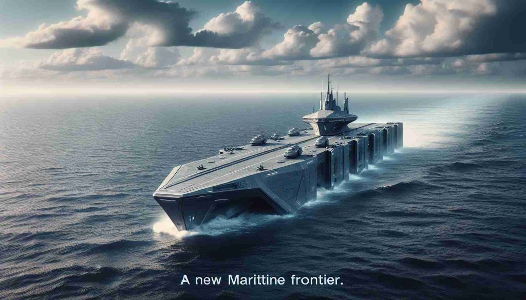 Generate a realistic HD image displaying a new maritime frontier. Depict an innovative naval vessel from a non-specific but technologically advanced company, taking a bold leap in its design and capabilities. This scene can be set against a backdrop of a vast open sea, to signify its readiness to explore new maritime landscapes.