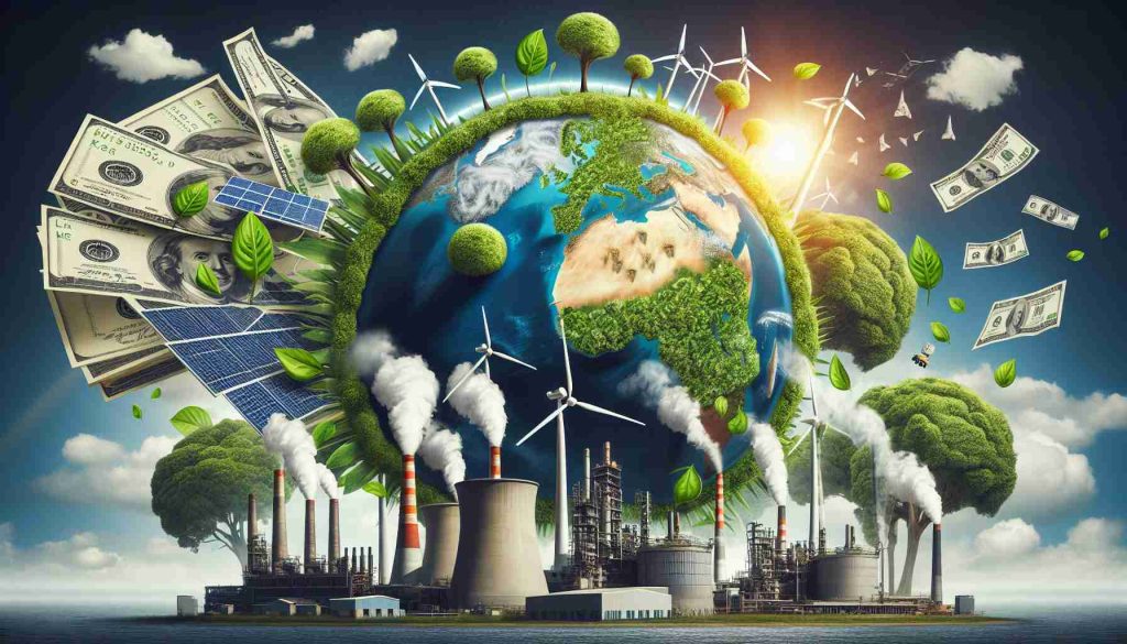 Realistic high-definition image representing 'The Silent Revolution' concept: green energy transforming global economies. Depict a globe with solar panels and wind turbines on land masses, currencies turning into leafy green plants and a skyline of industries with smokestacks morphing into trees. Symbolize a shift from fossil fuels to sustainable energy sources.