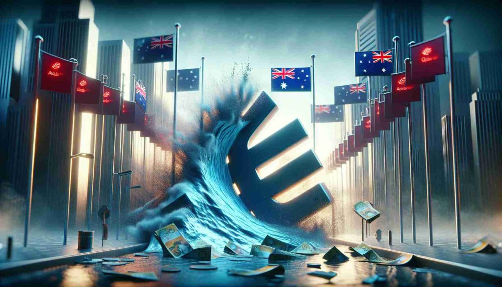 Generate an HD-quality image that visually portrays the concept of 'Financial Shockwaves' through an abstract symbol or element. The image should include a symbol or logo that is typically associated with the banking industry, notably skewed, distorted, or in some way visually indicating distress or trouble. Add some elements representing the Australian national symbols to show it's related to Aussie Banks. The overall mood of the scene should convey a sense of urgency or worry, to suggest that the situation is worse than one might initially believe.