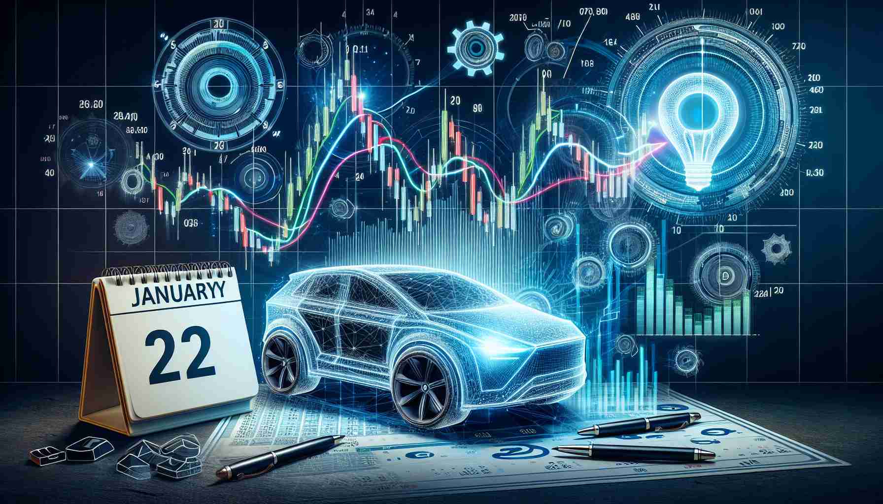 Create a detailed graphic representation showcasing the concept of stock shares of a prominent electric car company facing a crucial moment soon, specifically before January 20. The image should depict metaphoric elements like a stock chart with trend lines and critical points highlighted, alluding to the uncertain future. A calendar marking January 20 should also be present. Please balance realism and symbolism in a high-quality, HD format.