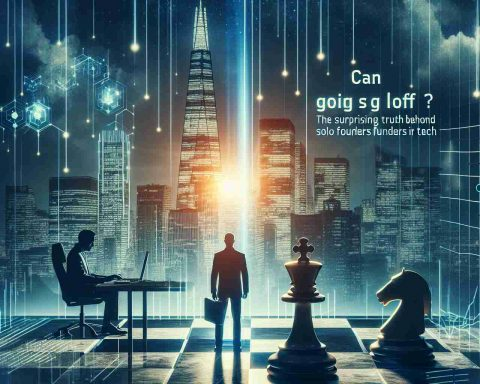 Generate a realistic, high definition visual depicting the concept of solo entrepreneurship in the technology sector. Could include visual metaphors such as a single individual standing before a skyscraper symbolizing a tech company, a lone figure working late into the night on a computer, or a single chess piece (the king or queen) on a chessboard representing strategic decision making. Also, overlay the image with text that states 'Can Going Solo Pay Off? The Surprising Truth Behind Solo Founders in Tech'.