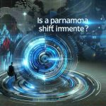 Generate a realistic high-definition image depicting the concept of finance and stock market, specifically focused on futuristic technologies such as those similar to what Tesla Motors works on. Please represent the possibility of a paradigm shift, indicating a potential revolution in financial systems and practices. The words 'Is a Paradigm Shift Imminent?' should be prominently featured in the image.