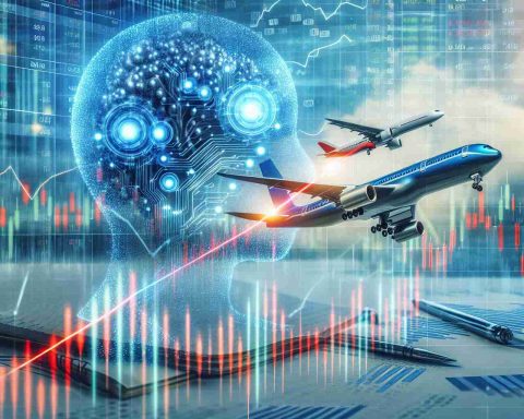 A high-definition, realistic image representing the future of an airline company's stock influenced by artificial intelligence. The picture might include charts demonstrating a rising trend in the stock market and AI elements like neural networks or robots suggesting a futuristic theme.