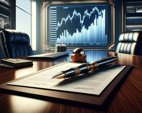 A concept scene representing a major corporate deal of $50 million signed with a lot of excitement. Picture this: a thick document signifying a major contract on a highly polished mahogany desk. On top of the document lies an ornate, shiny metallic pen, poised to make the momentous signing. In the background, a large monitor displays the fluctuating stock market with a noticeable uptick in one particular stock, indicative of a major purchase. The scene is lit with crisp, bright overhead lights, giving an air of seriousness and intensity to the situation.