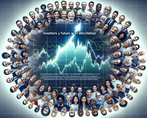 Generate an image of a bull market chart with a significant upward trend, symbolizing new highs for an unnamed tech company. Display an encircling group of diverse individuals, representing a variety of genders and descents, such as Caucasian, Hispanic, Black, Middle-Eastern, South Asian, etc. They are investors, and from their expressions, it's evident that they are looking towards the future with anticipation. Above the scene, display the text 'Investors Eye Future With Anticipation' highlighted.