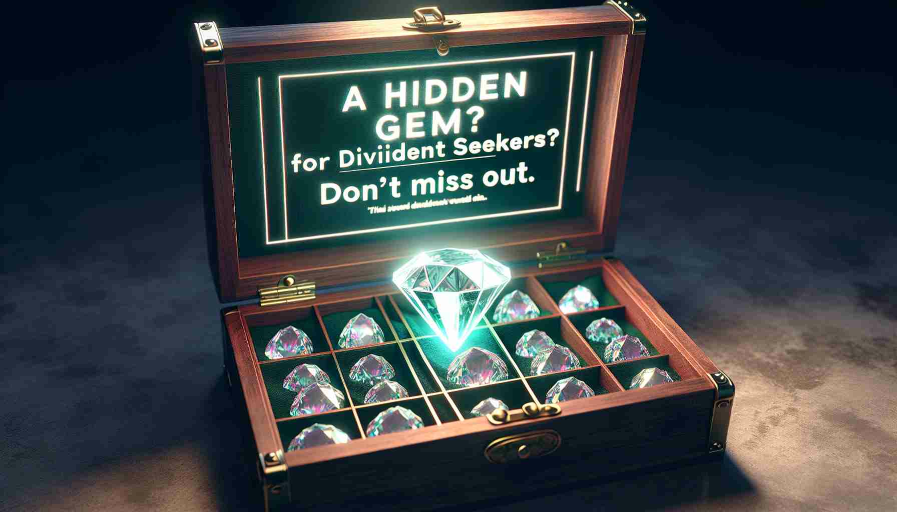 A high-definition, photorealistic depiction of a precious gemstone, sparkling under soft light. The gem is hidden in a chest of other less valuable gems, illustrating its uniqueness. Overlaying the scene is a text reading 'A Hidden Gem for Dividend Seekers? Don’t Miss Out', where the phrase 'Hidden Gem' stands out boldly, catching the viewer's eye.