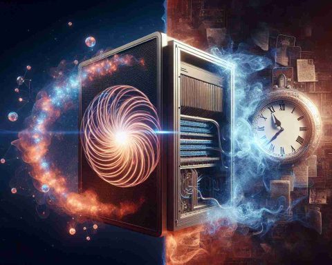 Create a realistic and detailed image in high definition showcasing the uncertain concept between Quantum leap and Long Wait in terms of future computing. The image shall depict a sophisticated quantum computer, with glowing, swirling particles representing quantum physics and a massive traditional computer showing time being stuck in a loop, embodying the Long Wait. There should be a balance between two where one side exhibits fast-paced advancement and other side presenting slow, gradual progress.