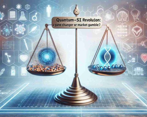 Generate a high-definition, realistic image of a conceptual representation for the 'Quantum-Si Revolution: A Game Changer or Market Gamble?' This includes a metaphorical balance scale with the words 'Game Changer' on one pan and 'Market Gamble' on the other. On the background, display various life science symbols like DNA strands, cells, and medical equipment, suggesting the possible transformative impact on this field due to the tech.