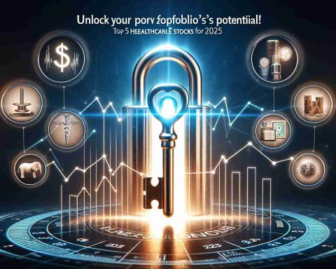 A high resolution, realistic image of a key entering a lock, symbolizing the potential of an investment portfolio. There's a bright, glowing number '5' signifying the top five choices. Flanking the main image are five different icons representing domains of healthcare industry: pharmaceuticals, biotechnology, healthcare services, medical equipment, and digital health. Below them, an ascending graph line going from 2022 to 2025, indicating a rise. The text overlay states 'Unlock Your Portfolio's Potential! Top 5 Healthcare Stocks for 2025'.