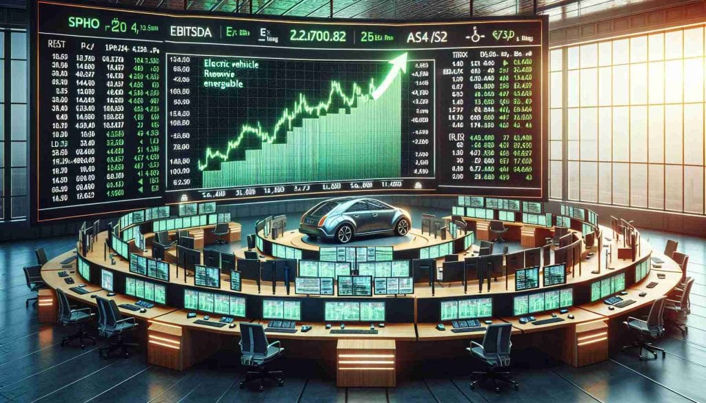 A realistic high-definition image representing the concept of a trading scene with the feature being a company involved in electric vehicle and renewable energy industry, poised to rise. The setting is the Xetra electronic trading market, in the Frankfurt Stock Exchange. Display trading charts with a continuous upward trend, stock numbers in green, symbolizing growth. An environment where traders are busy analyzing and trading, screens filled with jargon like EBITDA, P/E Ratio, RSI, etc. Please, no specific company logos or names.