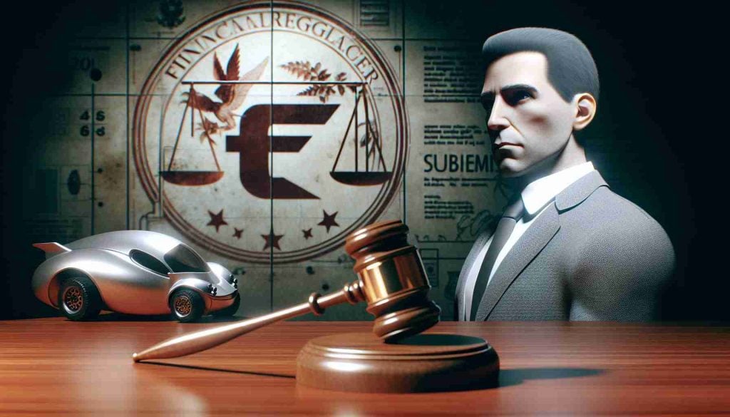 An image showing a realistic HD portrayal of a well-known entrepreneur who is known for leading space exploration and electric car companies, facing legal challenges. The entrepreneur is depicted in a tense situation, near a gavel or any other symbol of justice. The background shows the logo of a financial regulator. The atmosphere is filled with seriousness, emphasizing the gravity of the situation.