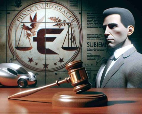 An image showing a realistic HD portrayal of a well-known entrepreneur who is known for leading space exploration and electric car companies, facing legal challenges. The entrepreneur is depicted in a tense situation, near a gavel or any other symbol of justice. The background shows the logo of a financial regulator. The atmosphere is filled with seriousness, emphasizing the gravity of the situation.