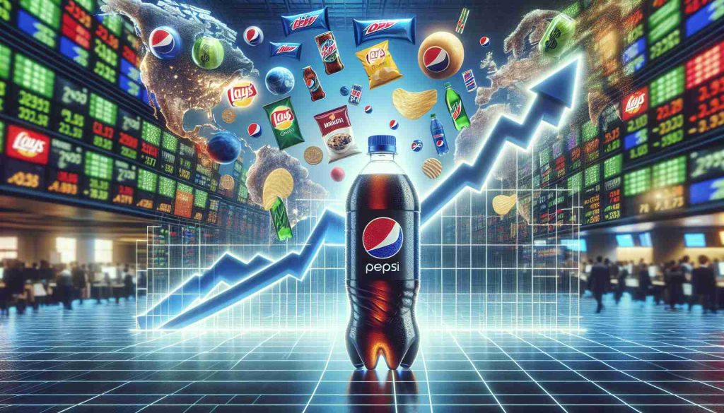 A high-definition, realistic image showcasing PepsiCo as a potential smart investment. The image should feature a soaring graph line signifying growth, next to a bottle of Pepsi, to symbolize the company's success. The background could contain a montage of various PepsiCo products like Lay's chips, Mountain Dew, Quaker oats, and more, to emphasize the company's diverse portfolio. Please also include a background of a bustling stock market floor, reflecting the concept of investment. Please do not include any specific financial figures or advice.