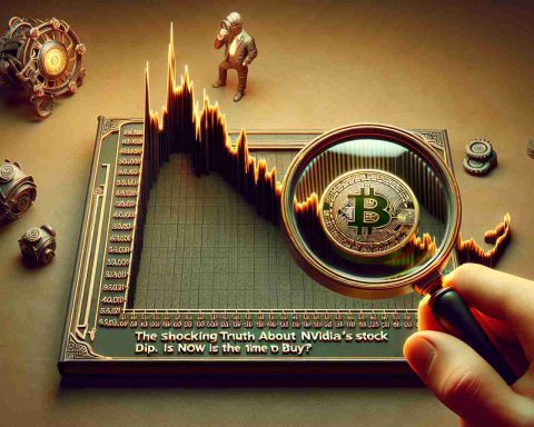 A highly detailed and realistic image depicting a metaphorical representation of a significant dip in Nvidia's stock. The image displays a symbol or graph of Nvidia's stock value experiencing a sharp decline. Positioned nearby, a magnifying glass inspecting this downslope, the reflection in its lens ominously highlighting the extreme drop. This scene is accompanied by a pioneering person contemplating whether to 'buy' or not, symbolized by a gold coin with a question mark in their hand. The title 'The Shocking Truth About Nvidia’s Stock Dip. Is Now the Time to Buy?' is displayed prominently in bold typography.