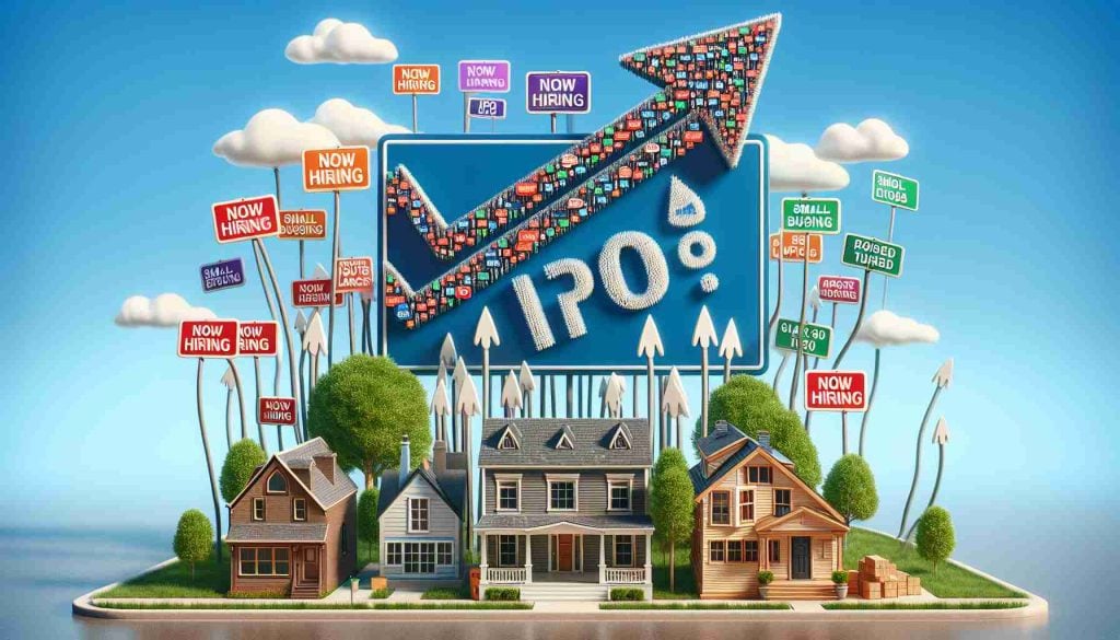 A visual representation of an imminent IPO surge, symbolized by an upward arrow decorated with numerous small company logos, soaring against a clear blue sky. Around the arrow, various effects of this surge on a community are visualized: small businesses thriving, increased job opportunities illustrated by 'Now Hiring' signs, and rising housing prices shown as houses with attached price tags increasing in value. Render this scene in a modern, realistic and high definition style.