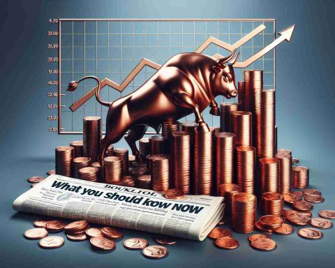 Create a detailed and realistic HD image that visually represents the concept of 'Penny Stocks are Thriving'. Include a graph showing an upward trend, a pile of shiny pennies, a strong bull, symbolizing a bullish market, and a newspaper headline that reads 'What You Should Know Now'.