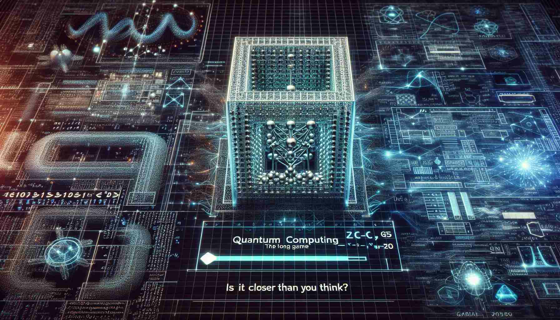 Generate a high-definition, realistic image representing the concept of quantum computing as a long-term strategy. The image could depict quantum circuits, qubits, topological designs, or complex mathematical equations that symbolize the complexity of quantum computing. In the background, add a progress bar indicating that we are getting closer to fully realizing quantum computing potential. The title 'Quantum Computing: The Long Game. Is It Closer Than We Think?' should be prominently displayed.