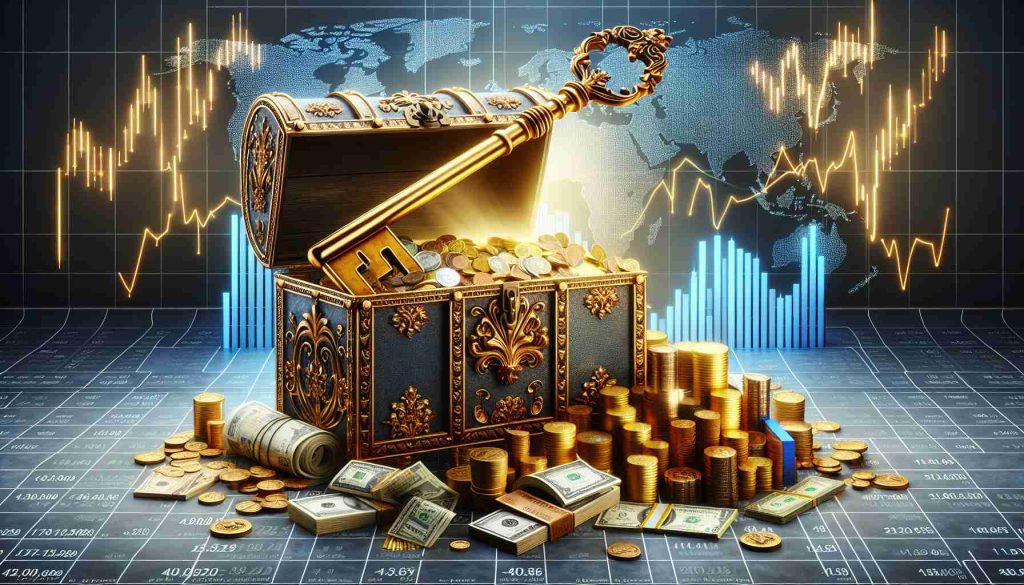 A high-resolution, hyperrealistic image representing the concept of 'Unlocking Wealth with High-Yield Dividends'. Please depict a massive, ornately decorated, antique golden key unlocking a large treasure chest overflowing with diverse global currencies and golden coins. Surrounding the chest, display a variety of top stock market graphs and charts showing positive growth, representing the top picks in the market. Make the overall mood of the image optimistic and uplifting, conveying success and wealth.