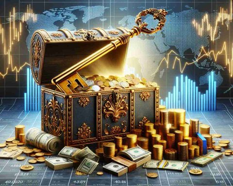 A high-resolution, hyperrealistic image representing the concept of 'Unlocking Wealth with High-Yield Dividends'. Please depict a massive, ornately decorated, antique golden key unlocking a large treasure chest overflowing with diverse global currencies and golden coins. Surrounding the chest, display a variety of top stock market graphs and charts showing positive growth, representing the top picks in the market. Make the overall mood of the image optimistic and uplifting, conveying success and wealth.