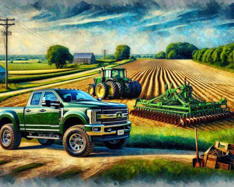 Generate a detailed, high-definition image of a John Deere pickup truck parked on a rural road, surrounded by elements that reflect a rich farming heritage. Show signs of long-standing agricultural work like a plough and harvested crops nearby. Include a painterly blue sky overhead and verdant, well-cared-for farmland stretching out in all directions. Also illustrate a sense of pride and unity with the farming lifestyle, symbolizing the unique blend of tradition and modernity.