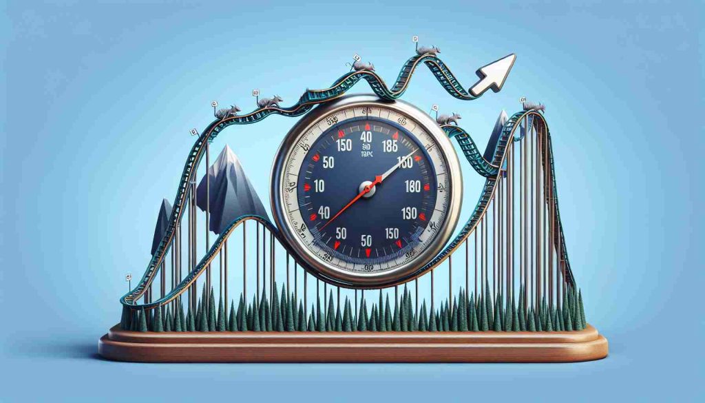 An HD realistic illustration representing the concept of the market's rollercoaster in relation to economic inflation. The image should depict a rollercoaster with peaks and valleys symbolizing market highs and lows. It should also include an analog clock showing a fast speed, representing the rapid change of market conditions. At the highest peak, an exaggerated, directional arrow should be slowing down but not stopping, signifying that inflation is perhaps easing but still ongoing.