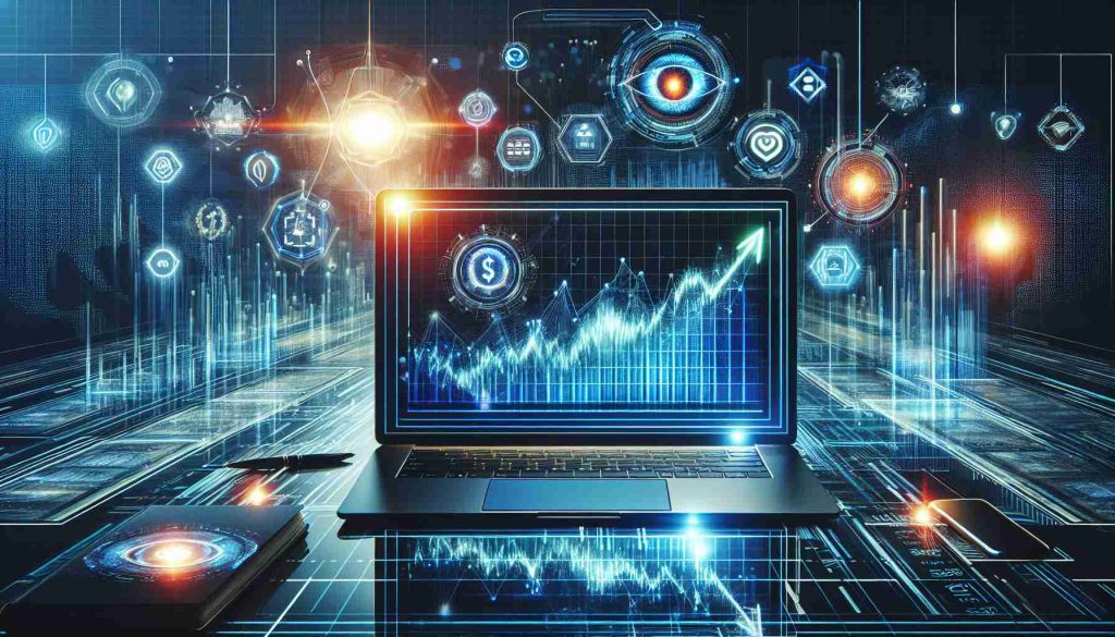 A hyper-realistic, high-definition image featuring the concept of investing in future-oriented technology stocks. The composition may include elements such as a brightly lit stock exchange board with futuristic tech company names symbolized by suitable icons, a laptop displaying a surge in the stock graph, glowing networks or nodes representing a digital web of investments. To symbolize 'watching', incorporate an eye or a pair of glasses. The setting could be a modern, tech-infused office with transparent screens and holographic projections.