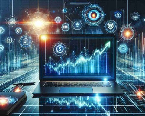 A hyper-realistic, high-definition image featuring the concept of investing in future-oriented technology stocks. The composition may include elements such as a brightly lit stock exchange board with futuristic tech company names symbolized by suitable icons, a laptop displaying a surge in the stock graph, glowing networks or nodes representing a digital web of investments. To symbolize 'watching', incorporate an eye or a pair of glasses. The setting could be a modern, tech-infused office with transparent screens and holographic projections.