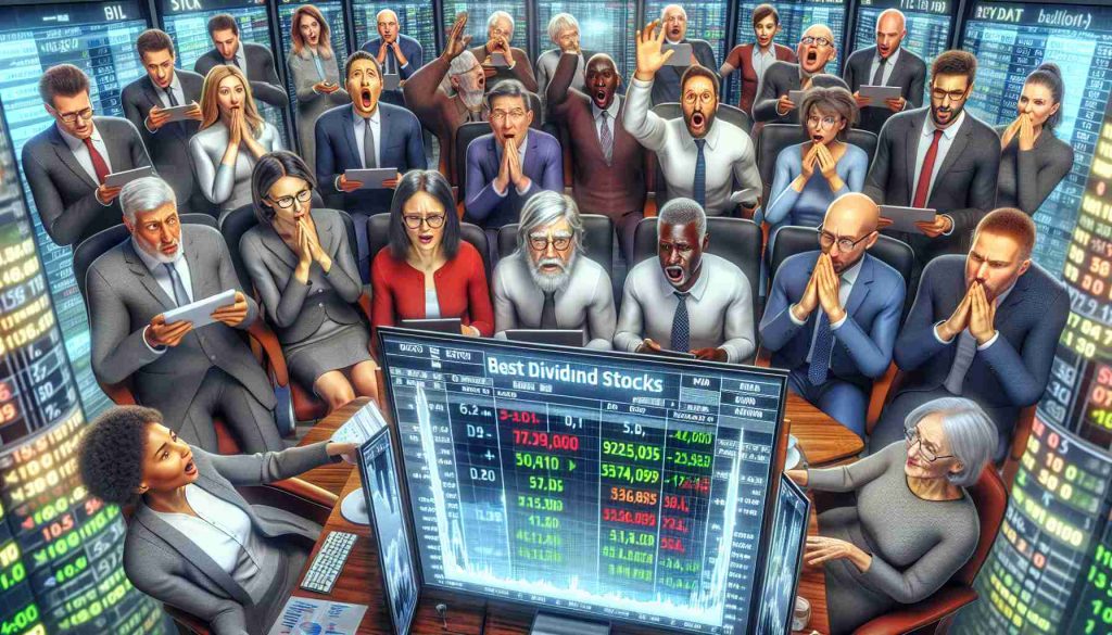 High-definition, detailed image depicting a scene of diverse investors from all walks of life -- including young, elderly, Caucasian, Black, Hispanic, Asian, and Middle-Eastern people -- all engrossed in analyzing stock market data with a large screen displaying 'Best Dividend Stocks'. The expression on their faces exudes excitement at the prospect of shifting gears, reflecting the dynamism of the trading market.