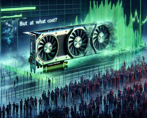 Produce a realistic HD image depicting the concept of 'The Nvidia Phenomenon: A Gaming Revolution.' Visualize this as a dynamic, high-tech scene showing leaps in gaming performance and graphics, with advanced GPUs and games with hyper-realistic graphics that signify this revolution. To express 'But at What Cost?' include imagery illustrating the high demand and cost of these components, such as charts showing rising prices and queues of people waiting to purchase them.