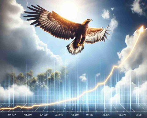 Visualize a realistic, high-definition scene representing a metaphor for soaring success. Picture a strong, majestic bird, perhaps a golden eagle, soaring high in a clear blue sky towards the sun. The bird, symbolic of the 'Amazon' in the context, is rising continually, unfettered by any constrains, reflecting unstoppable growth. At the bottom, include a graph with a trend line moving upwards, denoting the rise in stock.