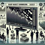 Visualize an image depicting a sharp decline in a generic stock market. The image should include a screen displaying dropping numbers and graphs symbolizing the downturn. Also conceive text elements throughout the image emphasizing the sharp decline, such as: 'Sharp Market Downturn: Causes?' Additional symbols such as downward arrows and worried individuals observing the market performance can be included.