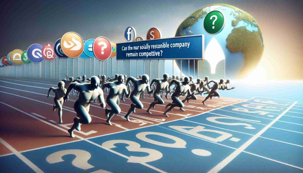 Create a realistic, high-definition image representing a list of top socially responsible stocks with a notable question: Can the major search engine company remain competitive? The image should feature a metaphorical race, with symbolic representations of different companies' stock symbol icons racing. The leading pack, denoting socially responsible enterprises, should clearly depict a variety of sectors. In the same line-up, image a large question mark representing the uncertainty about the major search engine's company's position. Note, no real company names or logos are to be used.