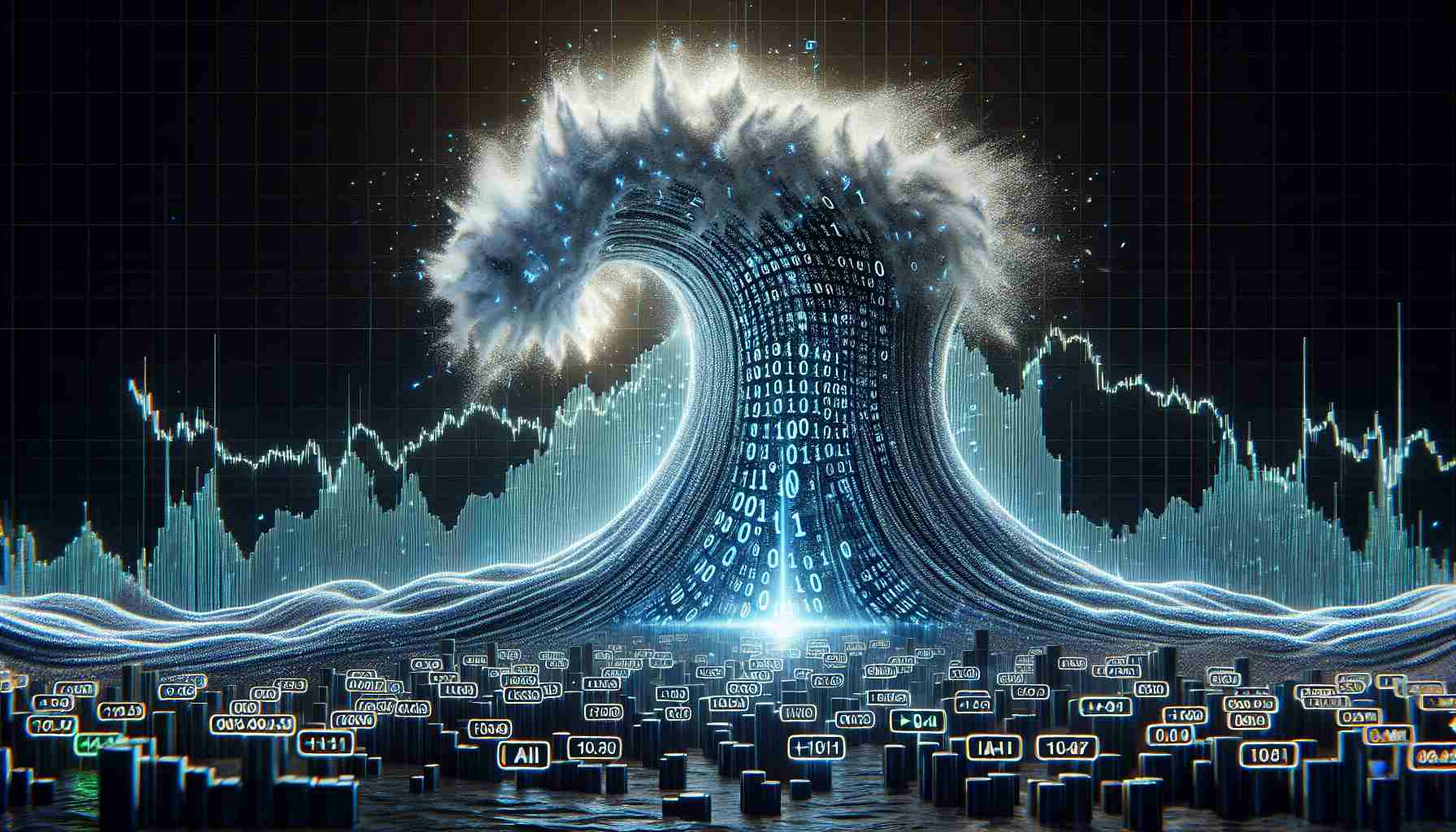 A high-definition, realistic image displaying the concept of AI (Artificial Intelligence) fueling a surge in stock markets. This could be a large, towering wave made of binary code crashing into a stock market chart, suggesting a powerful impact. Small placeholders show the labels for 'Top Picks' (without referencing NASDAQ specifically to avoid copyright issues), showcasing stocks rising rapidly due to the wave of AI.