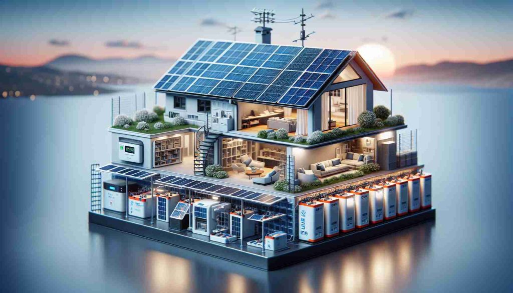 A detailed and realistic high-definition image showcasing the future of solar power. It includes the depiction of a revolutionized home energy storage system. Let this image exhibits an advanced domestic setup that utilizes solar power to its fullest, showcasing solar panels on rooftops and state-of-the-art batteries storing this sustainable energy. Do not include any company logos or specific brand names.