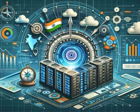 Design a hyper-realistic image showing the concept of India's big data breakthrough. Illustrate a mix of advance technology elements like server racks, cloud computing diagrams, data flow charts, and digital India map. Also, include symbols of India's leadership like a steering wheel and a compass. Bring the era's feel with color tones of the 21st century and futuristic design aesthetics.