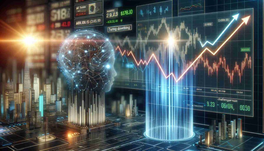 A realistic high definition image representing the concept of artificial intelligence investment boom being in jeopardy. The scene includes a metaphorical stock market chart showing a sudden spike in AI funding, turning downwards, indicating the jeopardy. Meanwhile, another graph indicates the rise of a new challenger in the market. The graphics are filled with digital interfaces, graphs and futuristic elements to symbolize the high-tech environment.