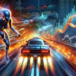 A high-definition illustration showing the intensity and volatility of the tech industry's Initial Public Offering (IPO). Perhaps a revving car being driven by a determined female figure, representing the tech giants, on a road that is erupting with financial charts and coding scripts indicating the highs and lows in the journey.