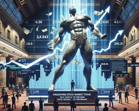 A high definition, realistic image depicting the concept of 'Unleashing Stock Market Titans'. This should include a bustling stock exchange floor scene with a large, symbolic, mythical titan-like figure looming over, representing top performers. The figure should be entwined with elements representing growth and success like graphs trending upwards, dollar bills, and gold coins. Please also include a digital leaderboard displaying anonymous data and symbolising yearly top performers in the market. The atmosphere should convey excitement, power and prosperity.