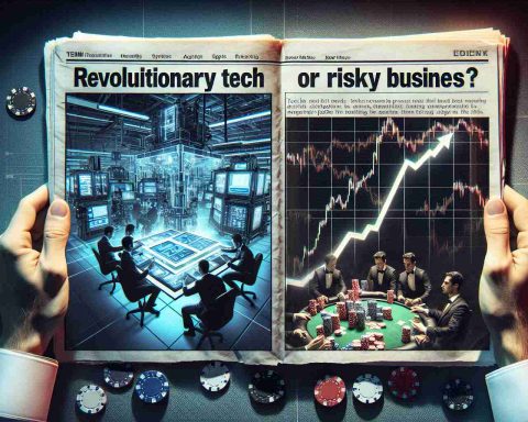 An image showing a split screen. On one side is a high-tech lab filled with advanced equipment and machinery implying revolutionary tech, and on the other side is a depiction of a high-stakes poker game, connoting risky business. A paper is superimposed onto this scene showing fluctuating stock market graphs labeled as 'Tesla shares' with an arrow taking a new turn. The headline on the paper reads 'Revolutionary Tech or Risky Business?'