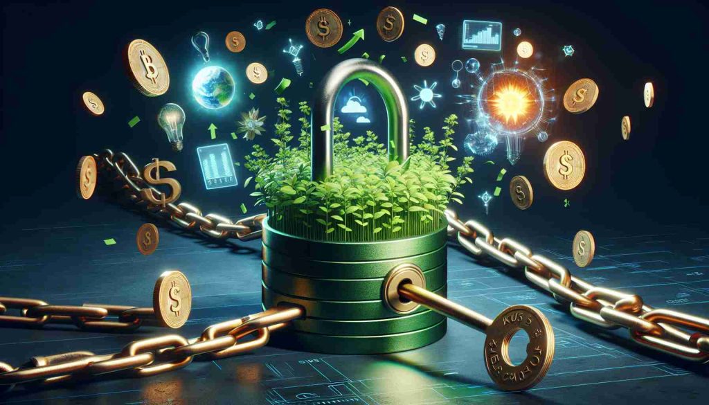 Imagine a high-definition, symbolic image that shows the interaction of the concepts of 'Green Revolution', 'Energy Investment Funds' and 'Future of Finance'. The Green Revolution can be depicted as a large padlocked chain turning green with robust plants sprouting from within, replicating the idea of sustainable growth. Energy Investment Funds can be demonstrated as a golden key, with symbols of energy such as sun, wind, and water carved on it, aiming to unlock the green chain. The Future of Finance can be represented by futuristic elements such as holographic screens or digital currencies floating towards the key that seems about to unlock the padlock.