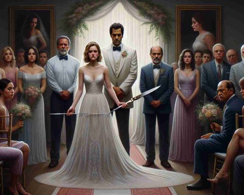 A detailed photo showcasing a realistic and emotionally charged wedding scene. A Caucasian bride dressed in a beautiful wedding gown stands at a fork on the aisle, her face flush with emotion. On one side of the knife's edge stands her stepfather, a middle-aged Hispanic man looking hopeful. On the other side, her biological dad, a middle-aged Black man bears a hesitant expression, awaiting the bride's decision. Guests of various descents and genders watch this poignant moment with bated breath. The overall atmosphere of the scene indicates a critical decision to be made.