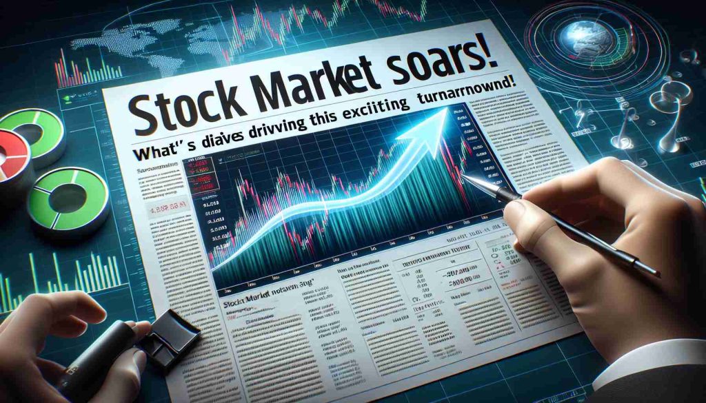 Realistic HD image of a stock market chart showing a sharp upward trend with a headline stating, 'Stock Market Soars! What's Driving This Exciting Turnaround?'. Include indicators, data points and line graphs to represent the exciting surge in stock market performance.