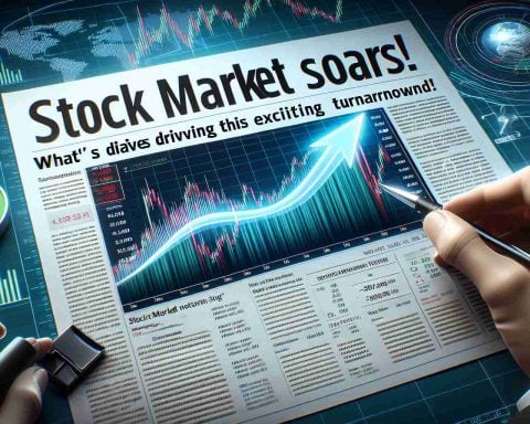 Realistic HD image of a stock market chart showing a sharp upward trend with a headline stating, 'Stock Market Soars! What's Driving This Exciting Turnaround?'. Include indicators, data points and line graphs to represent the exciting surge in stock market performance.