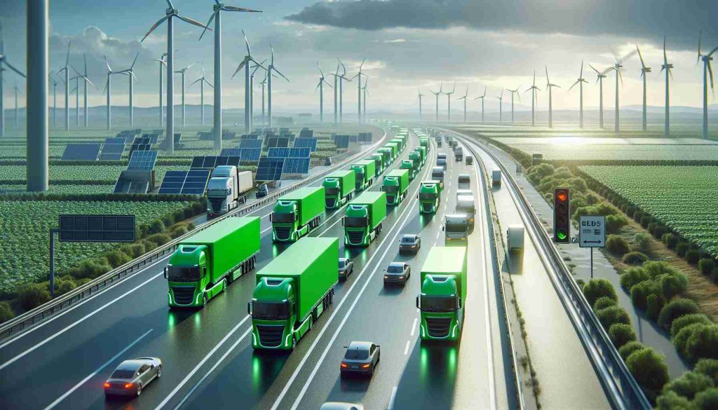 A realistic HD image showcasing the future of freight and transportation. The scene includes electric trucks on a wide freeway under a clear sky. The trucks are painted in bright, vibrant green symbolizing the 'green' revolution in the industry. They are loaded with various goods, reflecting the efficiency and effectiveness of this sustainable solution. Around the freeway, you can find wind turbines and solar panels, further emphasizing the advancement of renewable energy in this scenario. The scene is bustling yet emits a sense of tranquility, forecasting a future where technology and sustainability coexist harmoniously.