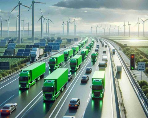 A realistic HD image showcasing the future of freight and transportation. The scene includes electric trucks on a wide freeway under a clear sky. The trucks are painted in bright, vibrant green symbolizing the 'green' revolution in the industry. They are loaded with various goods, reflecting the efficiency and effectiveness of this sustainable solution. Around the freeway, you can find wind turbines and solar panels, further emphasizing the advancement of renewable energy in this scenario. The scene is bustling yet emits a sense of tranquility, forecasting a future where technology and sustainability coexist harmoniously.