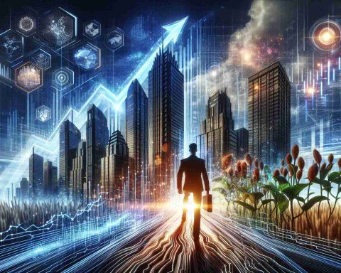 Visualization of an abstract concept: investment in advanced technologies. Imagine a bold, dramatic scene with towering buildings made of shining high-tech materials, representing rising businesses. In the foreground, a person is confidently stepping forward, projecting the idea of progress and growth. Icons of growth, such as thriving plants, are also present to highlight the theme. On the sky, digital data streams and graphs are gently floating to represent the market trend. Notes: Keep image realistic and in high definition.