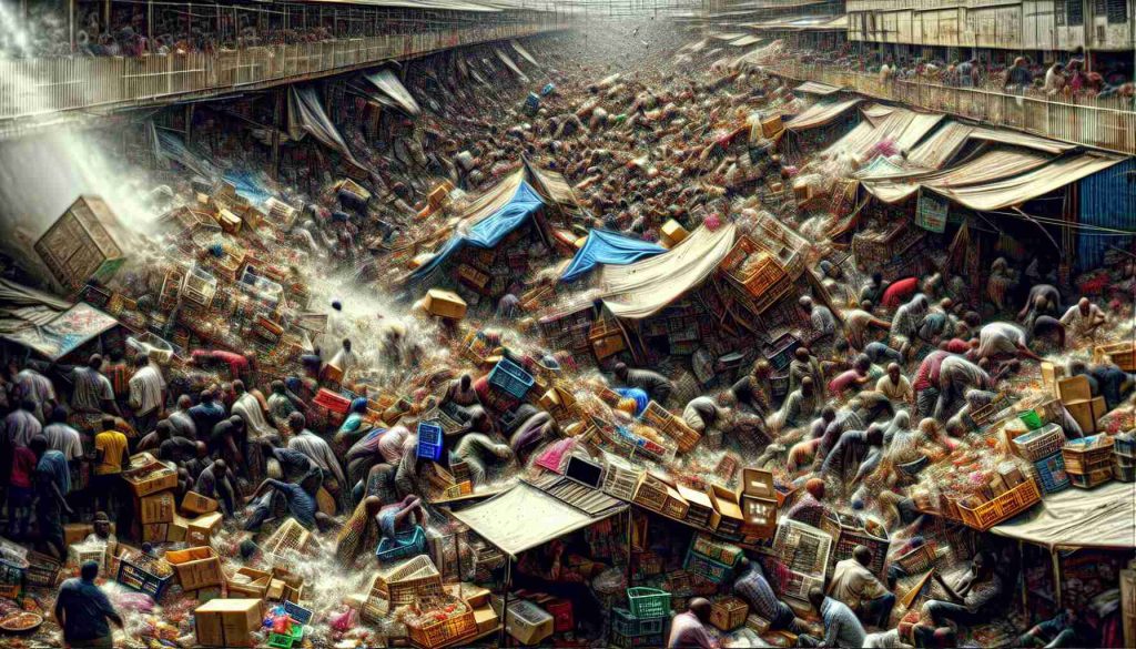 Generate an image that depicts a chaotic market scene in High Definition. Show stalls overwhelmed with goods toppling over, trade activity in disarray, people of various descents and genders in a range of emotions from panic to frustration, representing the chaos during an economic downfall. Overlay the image with a palpable sense of disorder that represents the unexpected ripple effect of market turmoil.