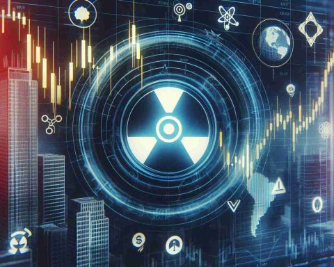 Create an illustrative image showing the concept of a possible future dominated by nuclear energy. As part of this, show stock market charts with a downtrend to represent falling stocks. Add elements related to technology companies, such as generic logos or abstract symbol representing tech corporations, implying a potential impact on them.